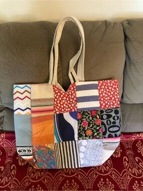 Boho Patchwork Tote Bag in Multicolor with Cream Straps